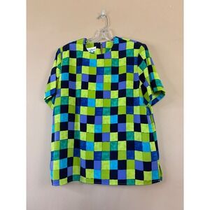 Gay Boyer Vintage 90s Checkerboard Blouse Green Blue‎ Geometric Top Size 14 USA